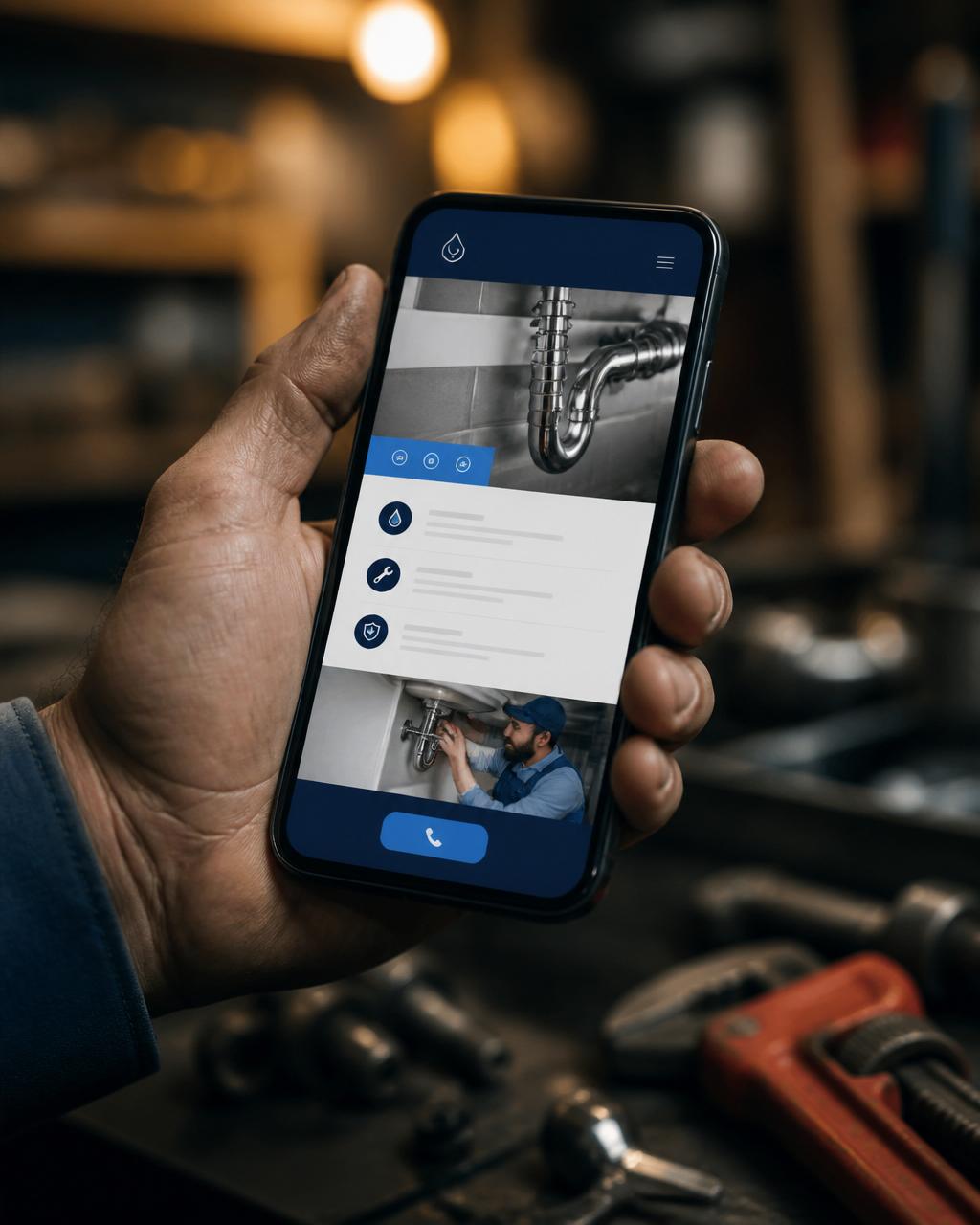 A hand holding a phone showing a plumbing website